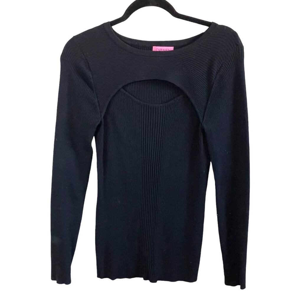 Carmen Marc Valvo Black Ribbed Cutout Long Sleeve Top Medium Keyhole‎ Bodycon